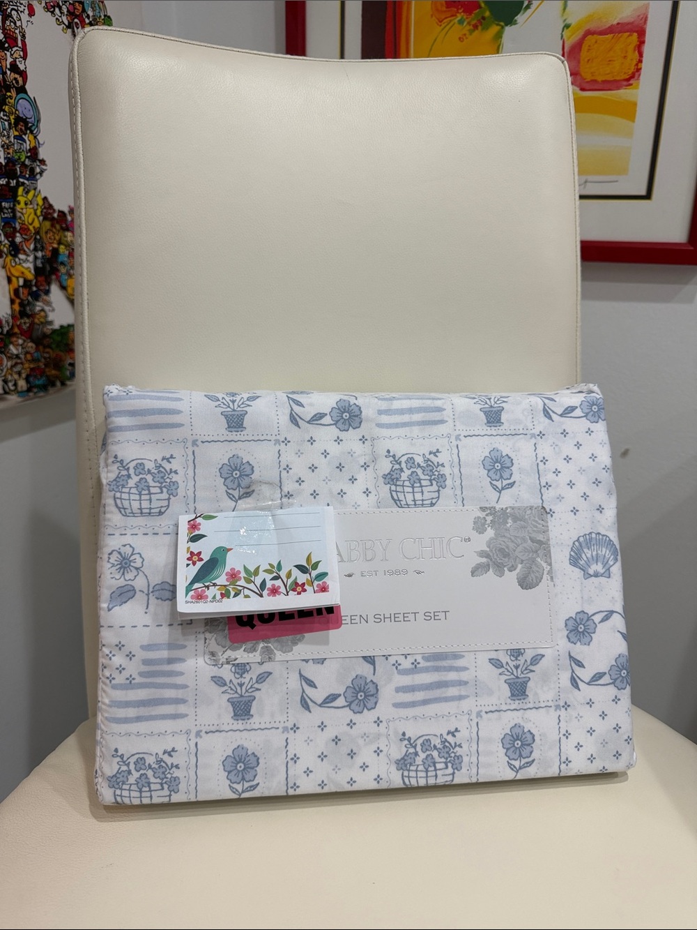 Shabby Chic White & Blue Floral & Seashells on QUEEN Sheet Set
